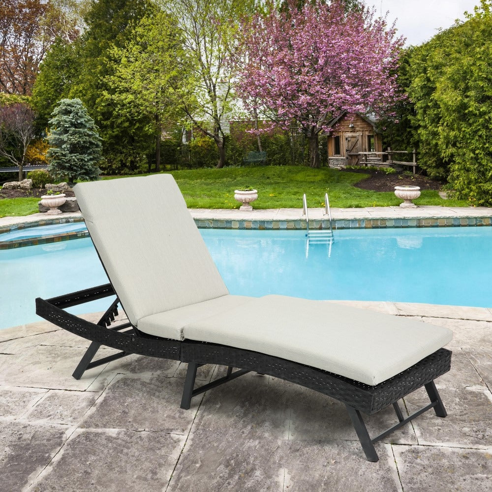 AAZJ Patio Chairs Black Steel Frame Stationary Chaise Lounge Chair with Beige Cushioned Seat