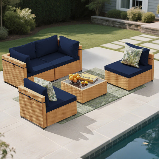 UPHA Wicker Patio conversation set 5 -Piece Wicker 2 Patio Sofa Conversation Set with Navy Cushions