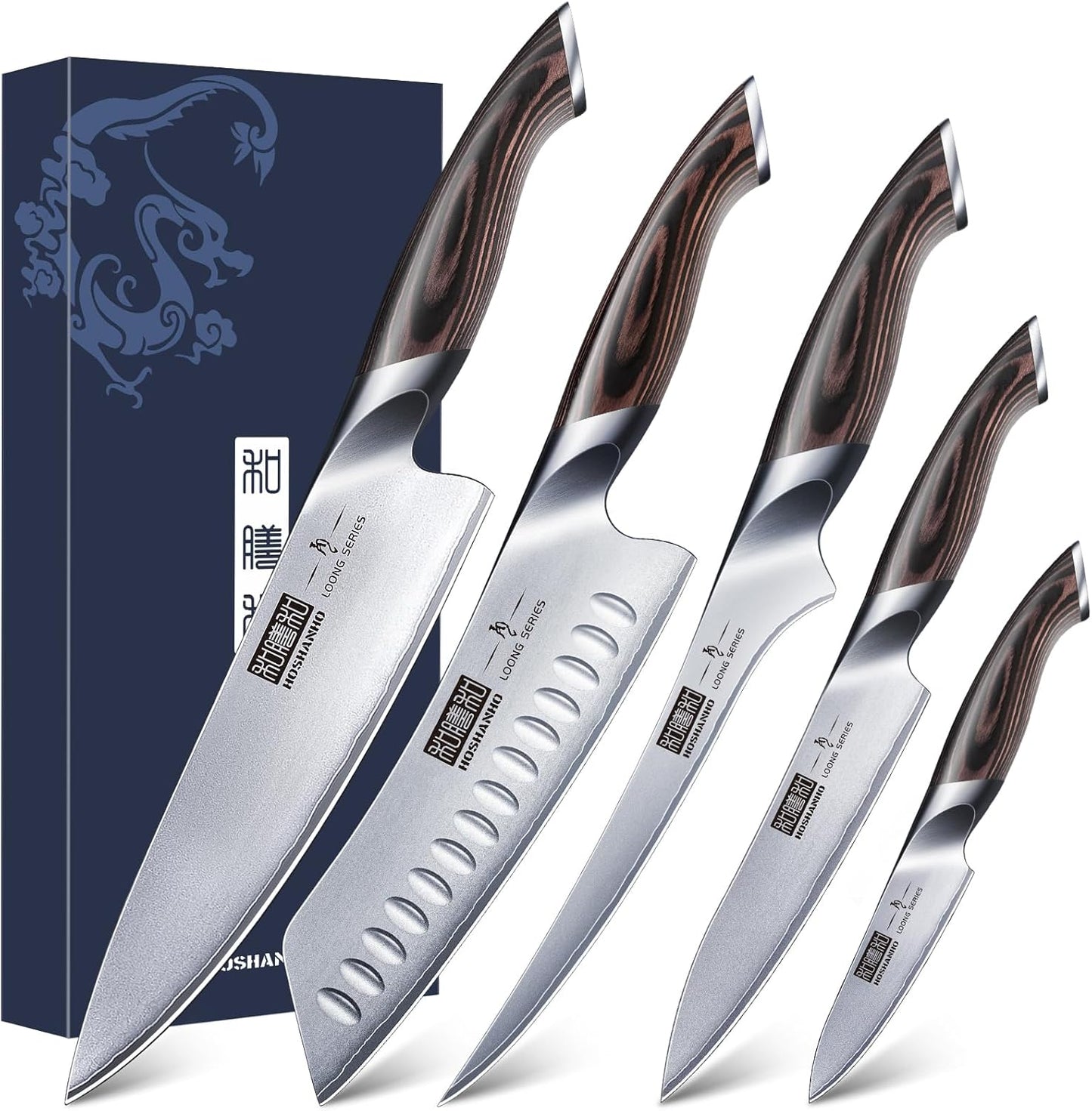 5 Pieces Knife Set, Japanese High Carbon Stainless Steel Kitchen Knife Sets, Professional Ultra Sharp Chef Knives Set with Ergonomic Pakkawood Handle