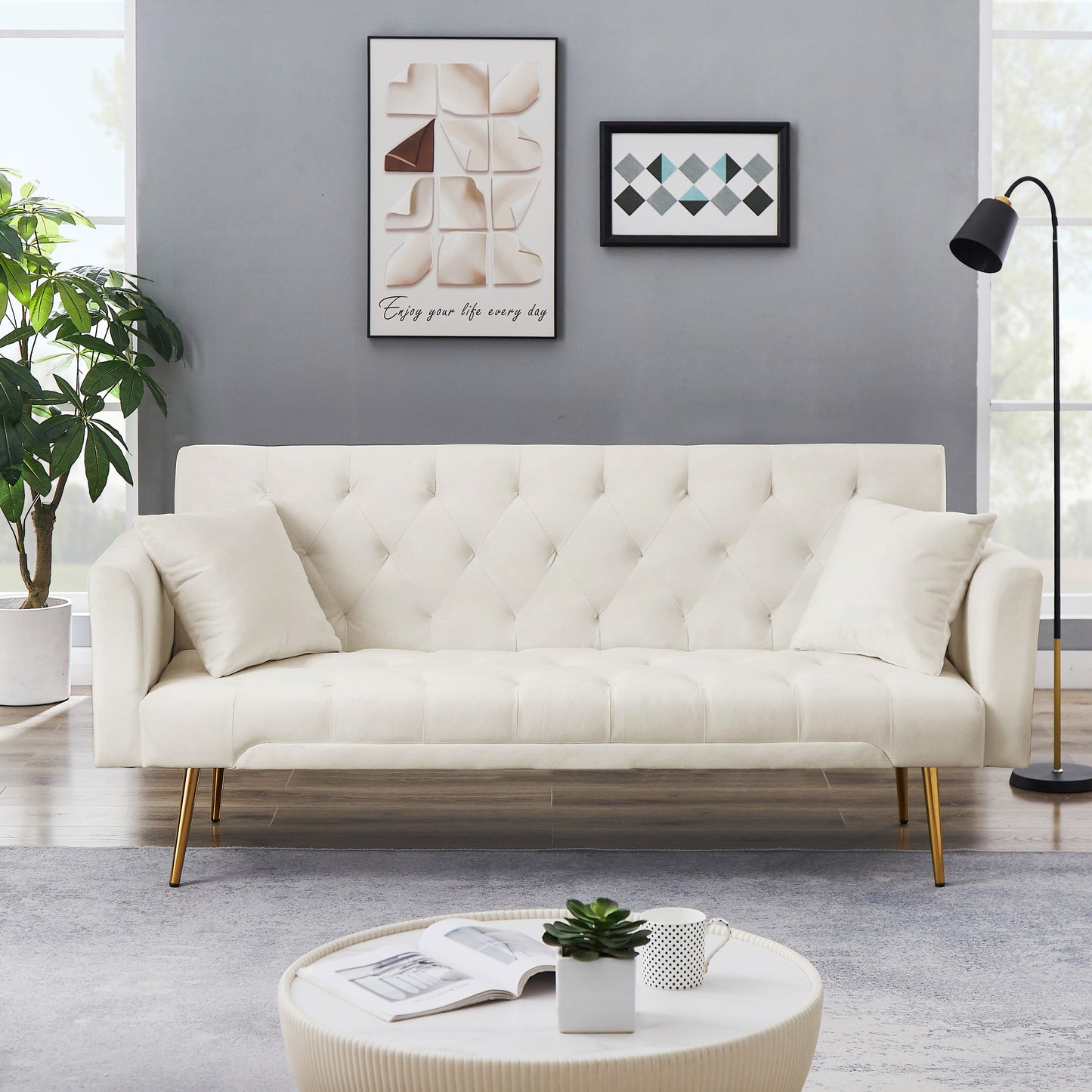 71 Inches Velvet Futon Sofa Bed with 2 Pillows,Modern Convertible Futon Couch with Adjustable Backrest,Beige