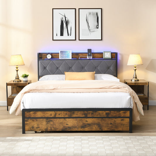 GZMR Full Brown+Gray Bed Frame Storage with Headboard