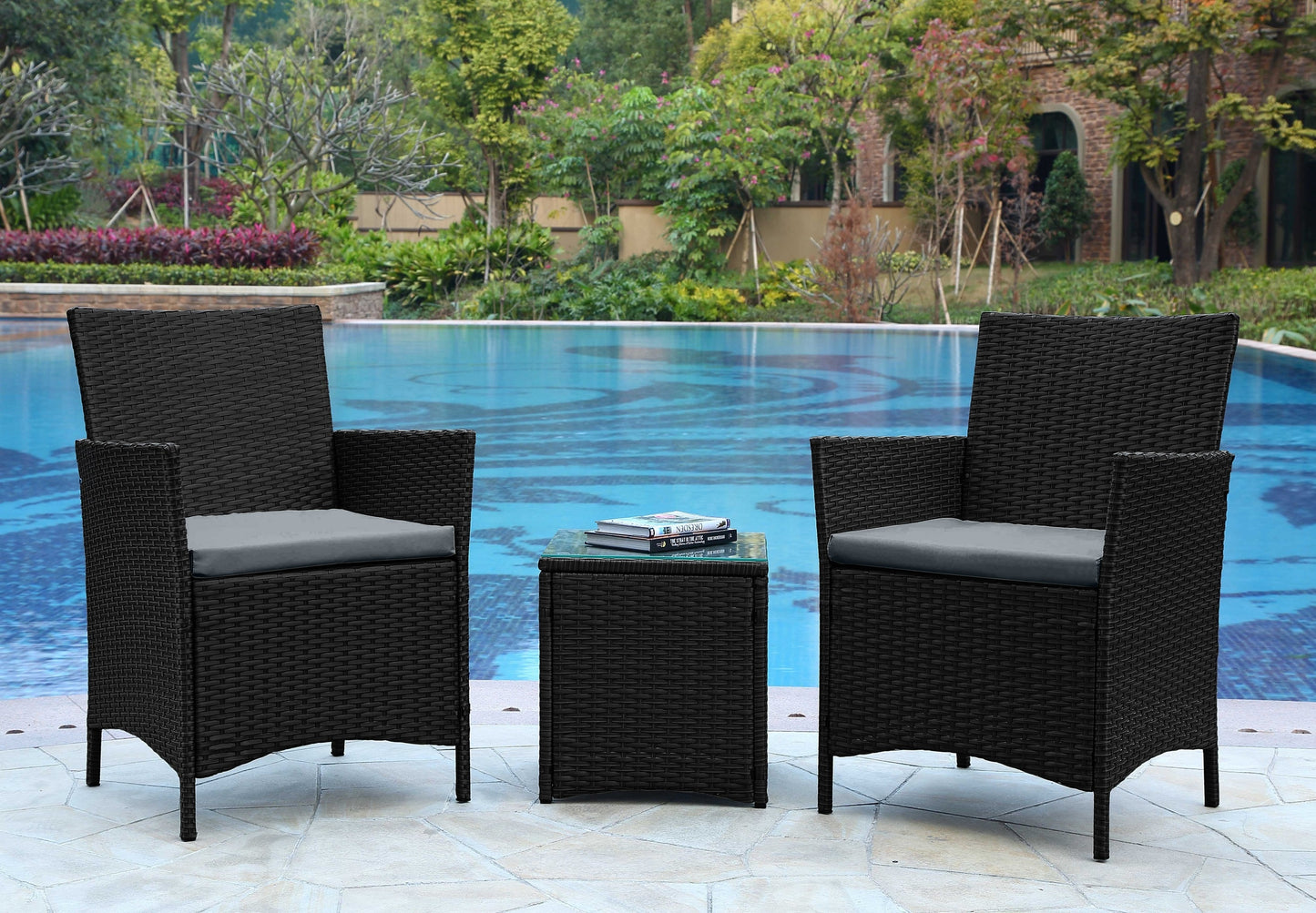 Manhattan Comfort Sunnyside 3 -Piece Rattan Patio Conversation Set with Gray Cushions