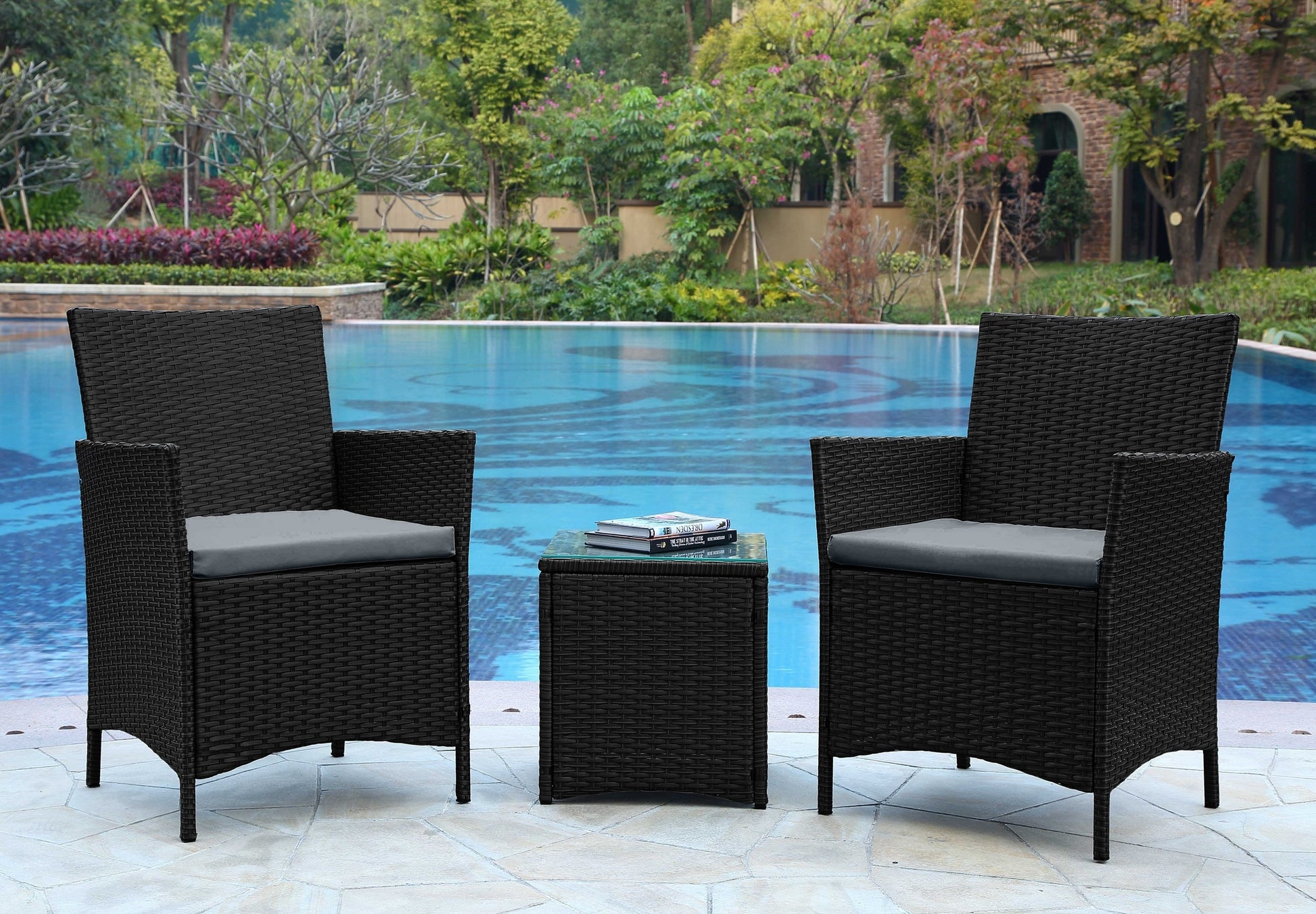 Manhattan Comfort Sunnyside 3 -Piece Rattan Patio Conversation Set with Gray Cushions
