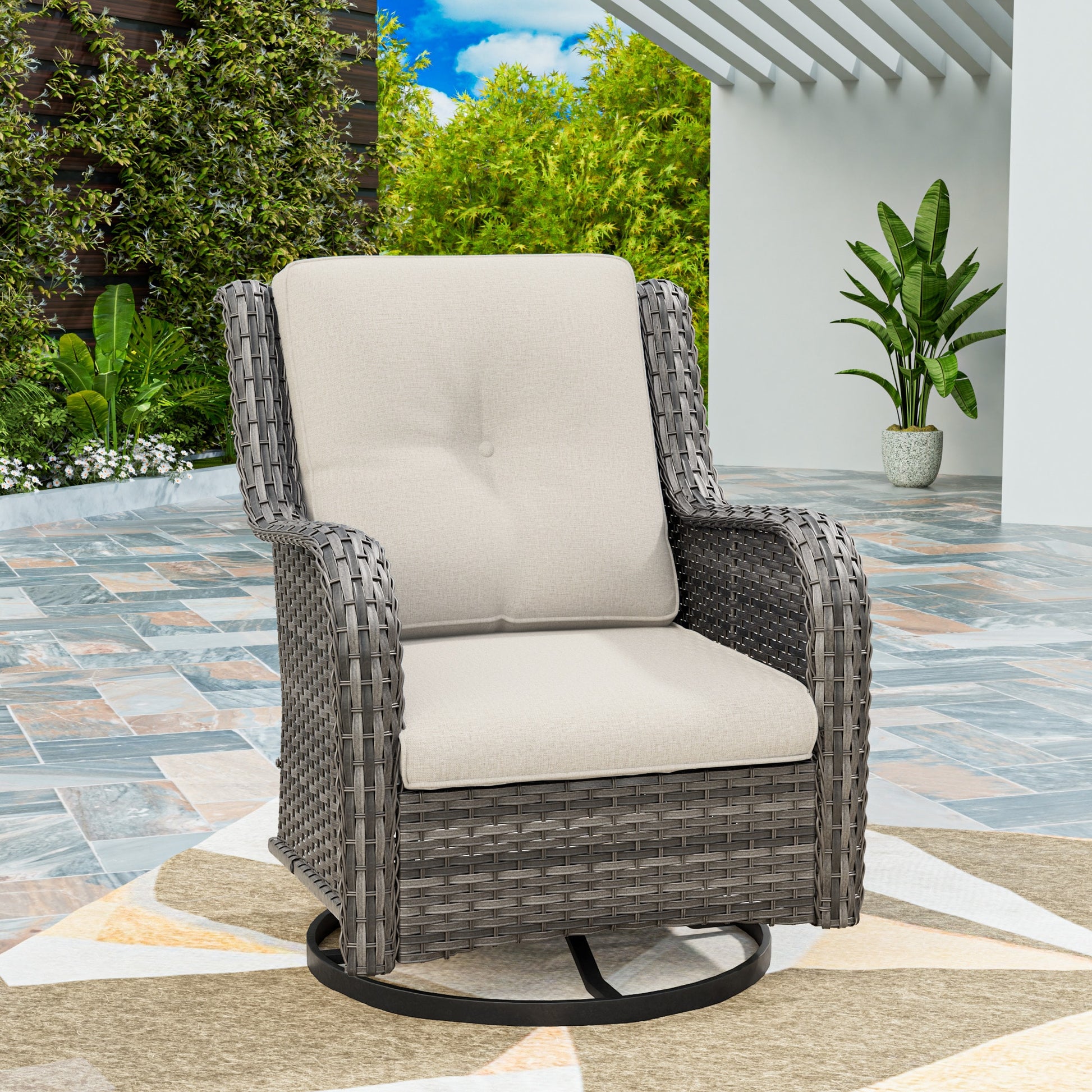 Gardenbee Wicker Brown Steel Frame Swivel rocker Conversation Chair with Beige Cushioned Seat