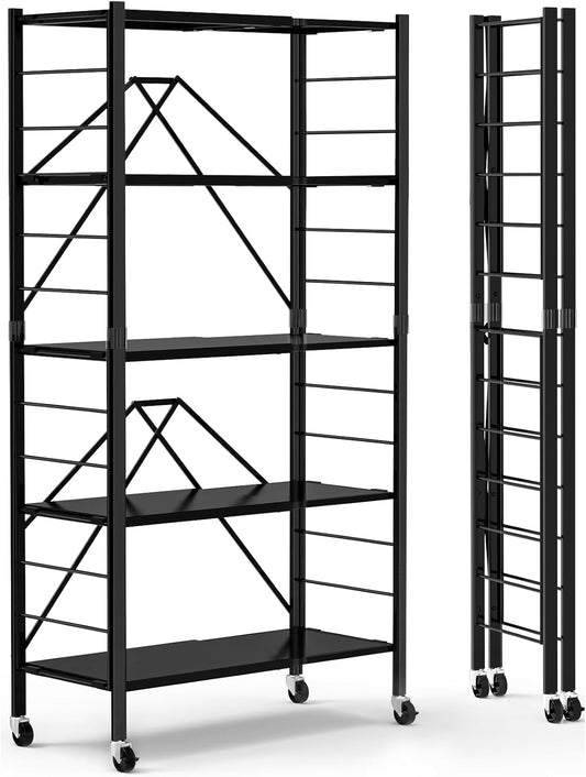 5 Tier Foldable Storage Shelves, Expandable Folding Shelving Units with Wheels, Changeable into 2 Shelf Units, Collapsible Adjustable Storage Rack Metal Shelves for Storage, Pantry, Garage, Kitchen