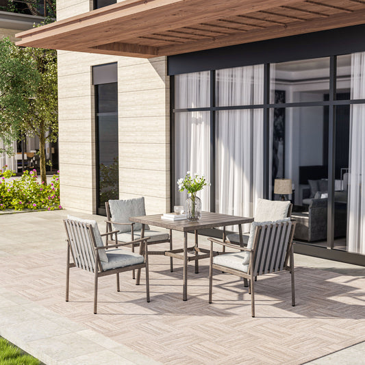 5 -Piece Gray Patio Dining Set Aluminum Square Table with 4 Gray Cushions Stationary Chairs