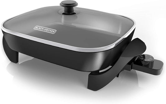 BLACK+DECKER Electric Skillet, Variable Temperature Control, Nonstick Cooking Surface, Dishwasher Safe, Tempered Glass Lid, 12"x15"