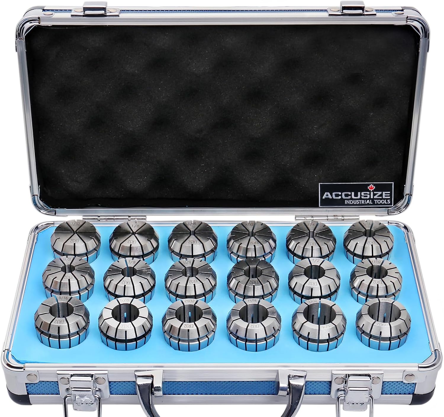 Accusize Industrial Tools - Precision ER32 Collet Set, 18 Pcs, Sizes 3\/32'' to 25\/32'', High Accuracy, Durable Storage Box, 0223-0880