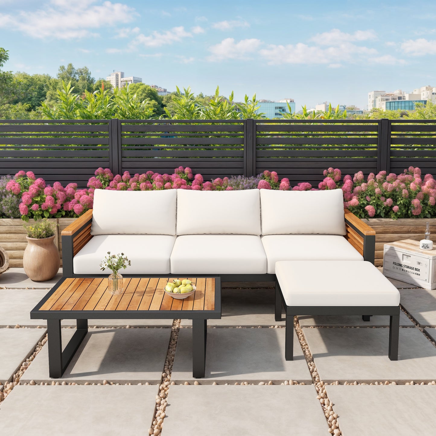 CESICIA Patio Chairs Teak Iron Frame Stationary Conversation Chair with Beige Cushioned Seat