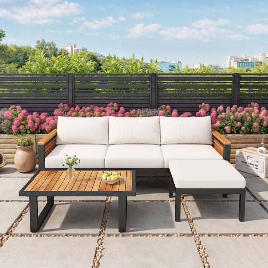 CESICIA Patio Chairs Teak Iron Frame Stationary Conversation Chair with Beige Cushioned Seat