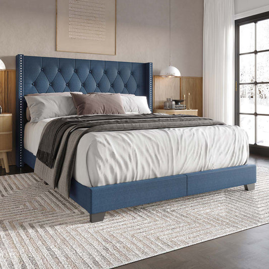 ChaletPosh King Blue Wood Tufted Upholstered Bed with Headboard