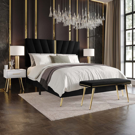 ChaletPosh Full Black Wood Upholstered Bed with Headboard