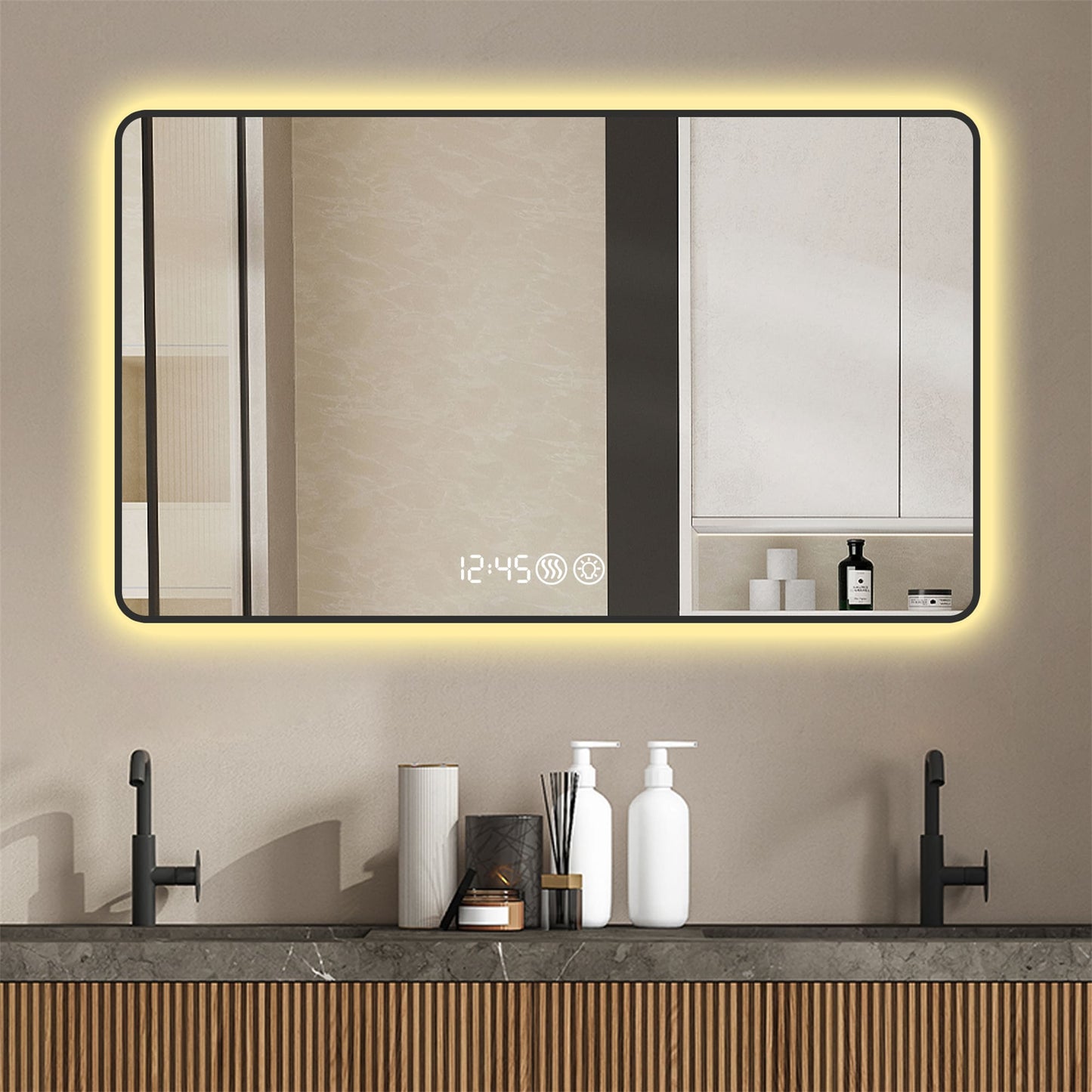 BABOOM LED Bathroom Mirror with Time and Temperature Display 48-in x 32-in Framed Rectangle Dimmable LED Lighted Fog Free Bathroom Vanity Mirror ( Black )