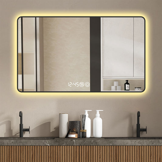 BABOOM LED Bathroom Mirror with Time and Temperature Display 48-in x 32-in Framed Rectangle Dimmable LED Lighted Fog Free Bathroom Vanity Mirror ( Black )