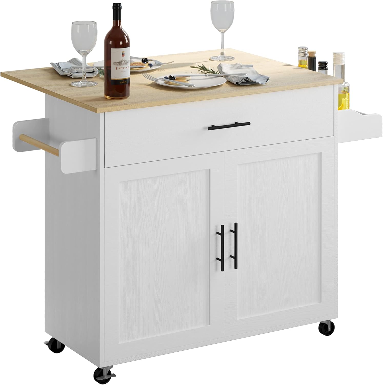 IRONCK Rolling Kitchen Island Table on Wheels with Drop Leaf, Storage Cabinet, Drawer, Spice\/Towel Rack, Kitchen Cart, 47.25" Wide White