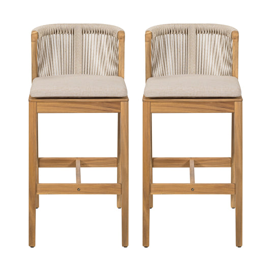 Christopher Knight Home Louie Outdoor Charm Acacia Wood Rope-Weave Barstool Set with Cushions-Teak Finish+Beige Cushion