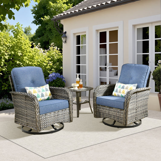 Caodoc Golden Set of 2 Rattan Denim Blue Rattan Frame Swivel rocker Conversation Chair with Blue Woven Seat