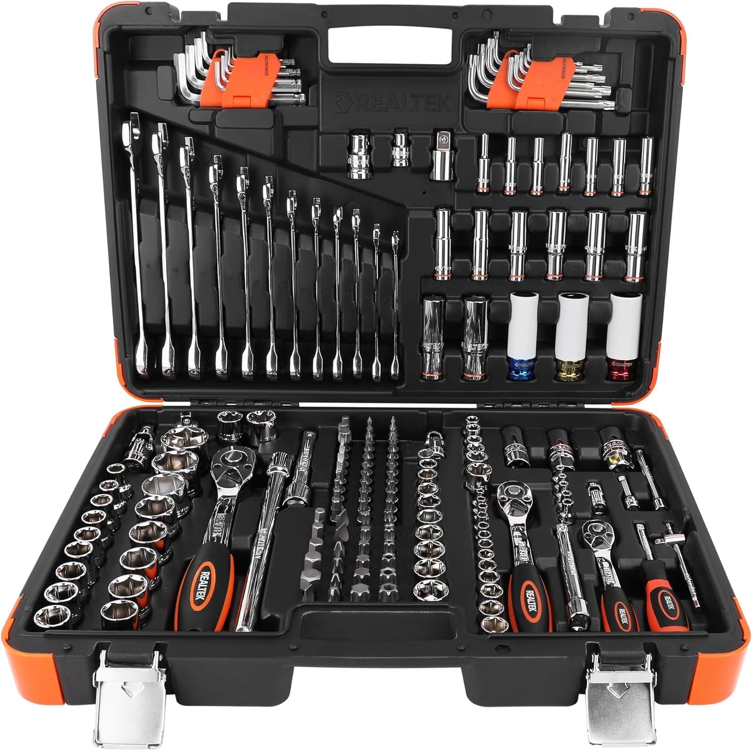 REALTEK 178 Pieces Socket Wrench Set 1\/4"3\/8"1\/2",CR-V Metric Wrench Set with Extension Bar,Quick-Release Ratchet Wrench with Bit Socket Set for Auto Repairing,Household and Workshop,Durable Tool Box