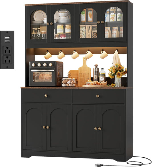 HIFIT 71" LED Kitchen Pantry Cabinet with Power Outlet, Large Kitchen Hutch Storage Cabinet with Arched Door & Shelves & 2 Drawers, Tall Farmhouse Coffee Bar w\/Hutch for Home Dining Living Room, Black
