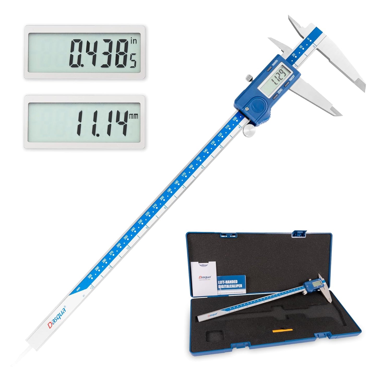 Dasqua Left-Handed Digital Caliper 0-12"\/0-300mm Stainless Steel with Large LCD Screen, Dual Reading in\/mm, Accuracy ±0.0016"\/0.04mm, Resolution 0.0005"\/0.01mm, High Precision Caliper Measuring Tool