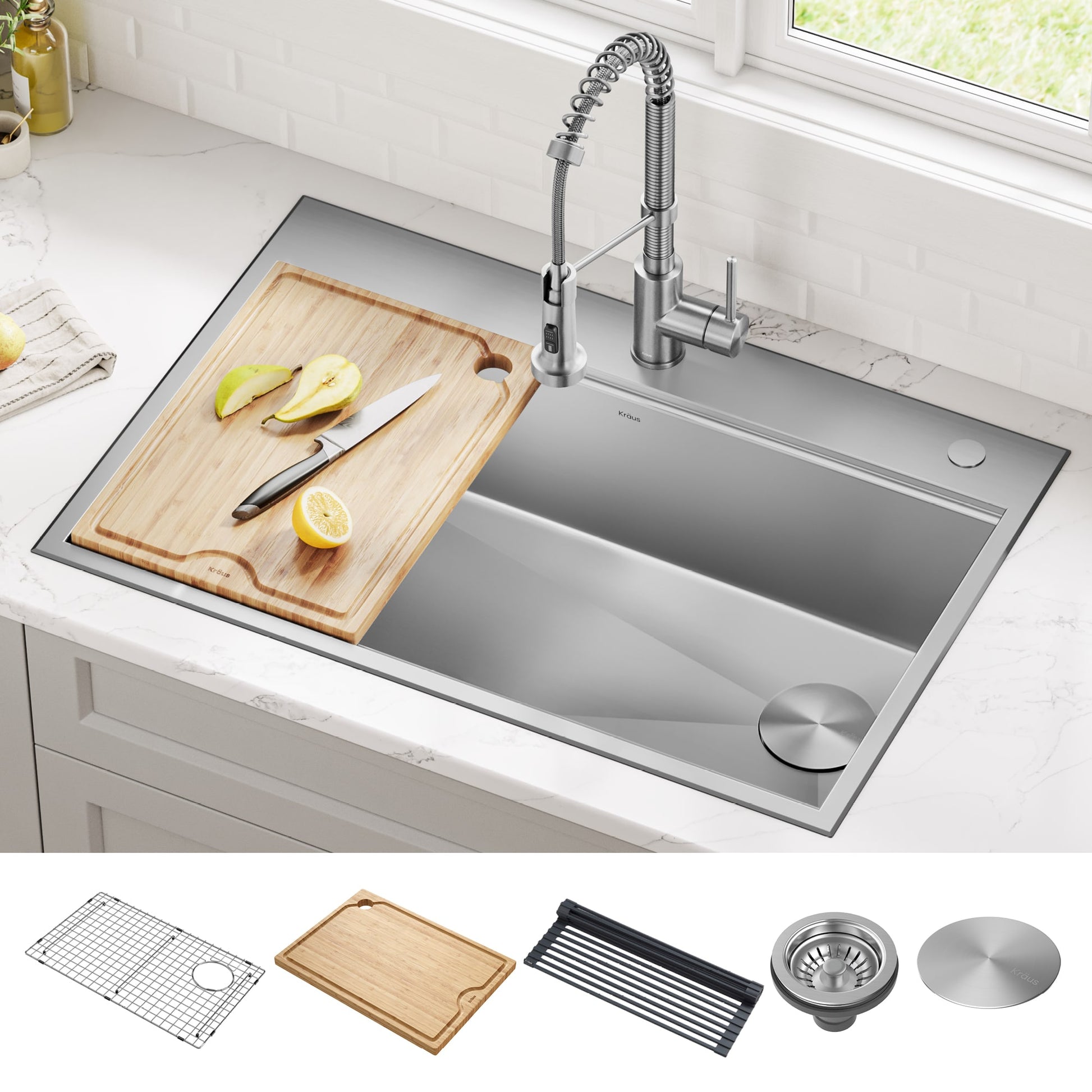 Kraus Kore Drop-in or undermount 33-in x 22-in Stainless steel Single bowl 16 -Gauge Workstation Kitchen Sink