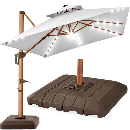 Best Choice Products  10ft Square Woodgrain Pattern 2-Tier Outdoor Solar LED Cantilever Umbrella w/ Base - Fog Gray