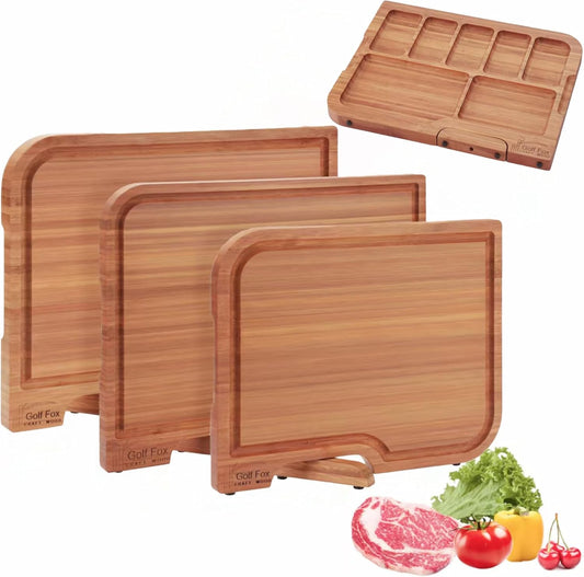 3-PCS Bamboo Cutting Board Set, Wood Cutting Board for Kitchen with Innovative Stand, Juice Groove & Handle, Double Sided for Chopping & Charcuterie Board, Kitchen Gift for Home Cooks, For Meat &Fruit