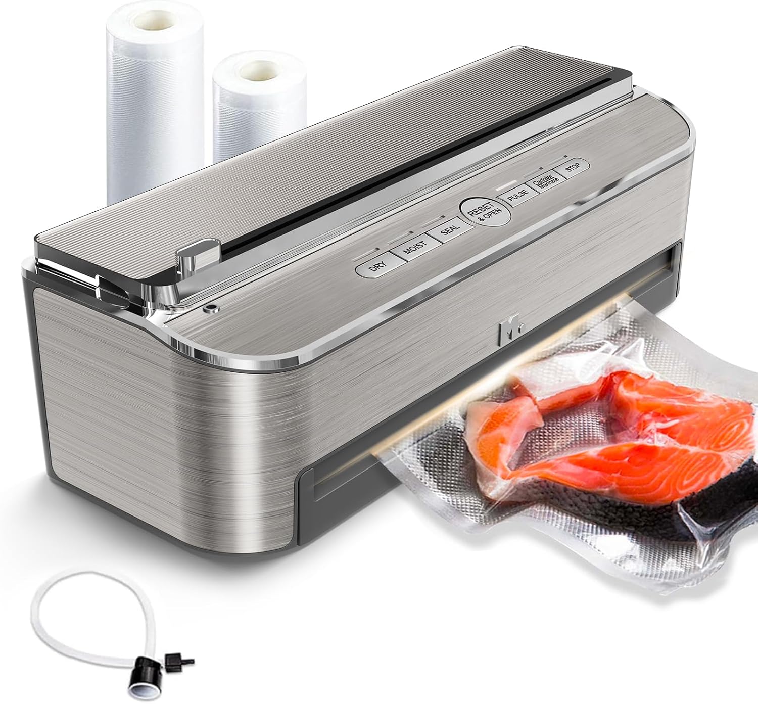Mesliese Vacuum Sealer Machine, 85kPa 120W Automatic Food Sealer, Powerful Sealing System, Build-in Cutter | Bags Storage | Moist Mode and Air Suction Hose (Silver)