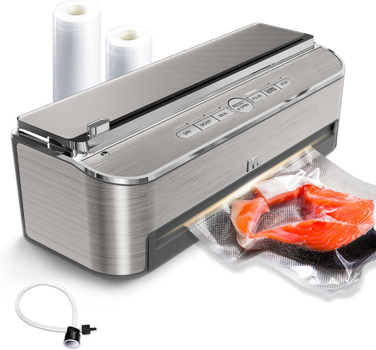 Mesliese Vacuum Sealer Machine, 85kPa 120W Automatic Food Sealer, Powerful Sealing System, Build-in Cutter | Bags Storage | Moist Mode and Air Suction Hose (Silver)