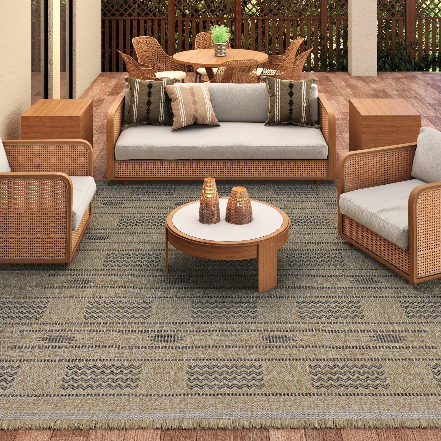 Couristan Naturalistic 8 x 8 (ft) Flatweave Polyester/Polypropylene Natural-Charcoal Round Indoor/Outdoor Geometric Pet Friendly Area rug