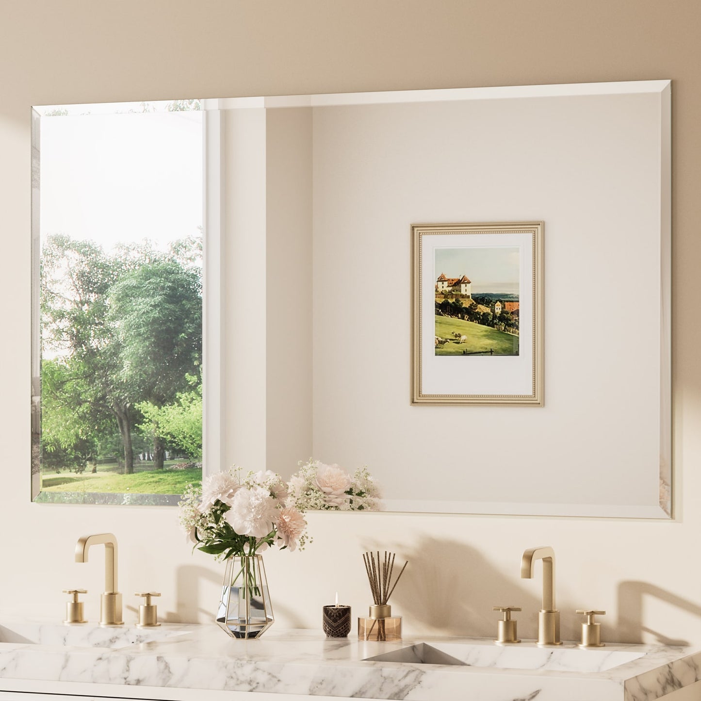Keonjinn Beveled Frameless Bathroom Mirrors 60-in W x 36-in H Rectangle Silver Beveled Frameless Wall Mirror
