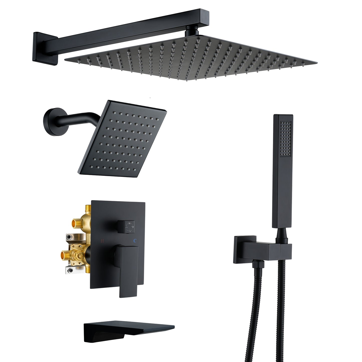 CASAINC 12-in 4 Function Luxury Dual Shower Faucets System Sets Matte Black 12-in Dual Head Built-In ShowerÂ FaucetÂ System with 4-way Diverter ( Pressure-balanced Valve Included )