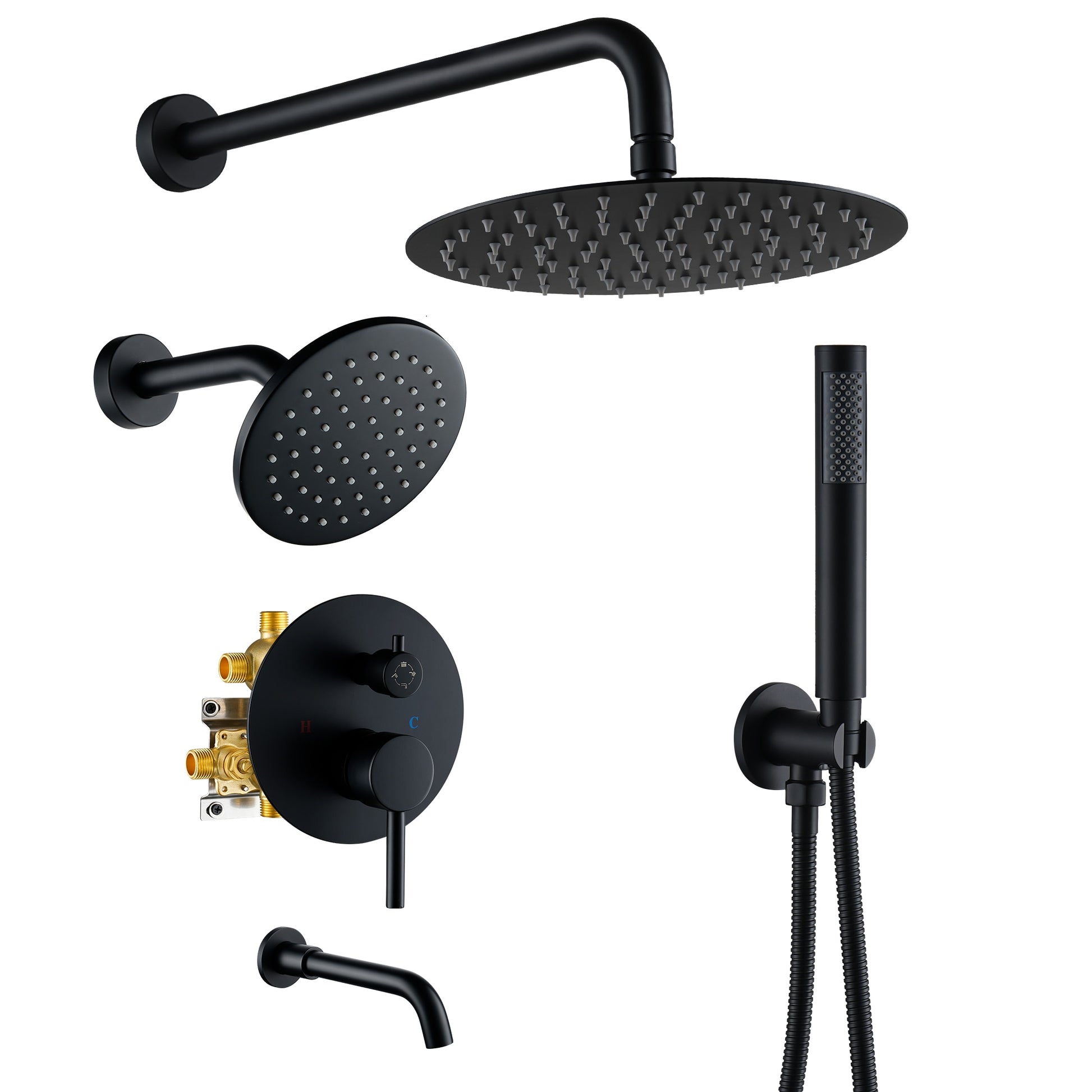 CASAINC 4-Function Dual Shower Head System with Handheld Tub Faucet Matte Black 10-in Dual Head Built-In ShowerÂ FaucetÂ System with 4-way Diverter ( Pressure-balanced Valve Included )