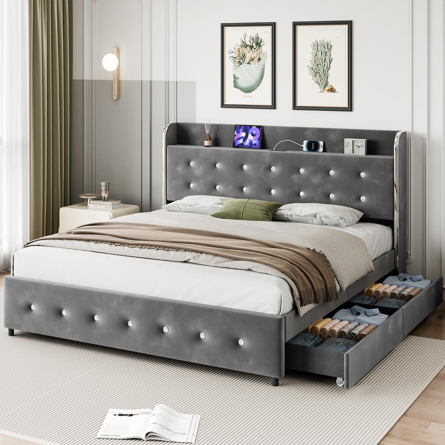 Qeetex Full Bed Frame with Storage Headboard and Charging Station Velvet Upholstered Full Platform Bed Frame with 4 Drawers and Wooden Slat Support Noise Grey