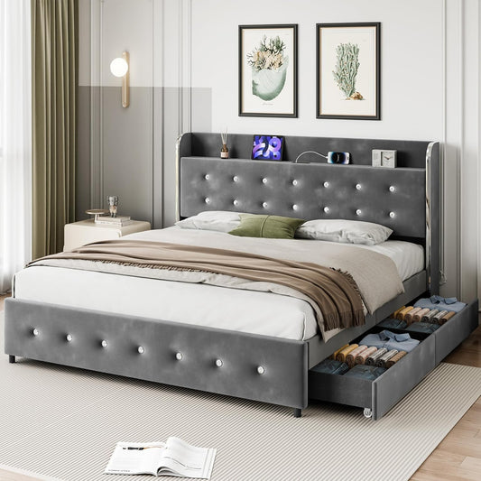 Qeetex Full Bed Frame with Storage Headboard and Charging Station Velvet Upholstered Full Platform Bed Frame with 4 Drawers and Wooden Slat Support Noise Grey