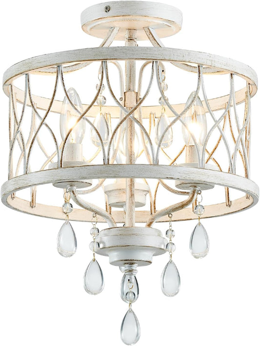 Farmhouse Crystal Ceiling Light Fixture, 3-Light Semi Flush Mount Crystal Chandelier Light Fixture Rustic Vintage White Pendant Ceiling Lamp for Hallway Corridor Kitchen Entryway Bedroom Living Room