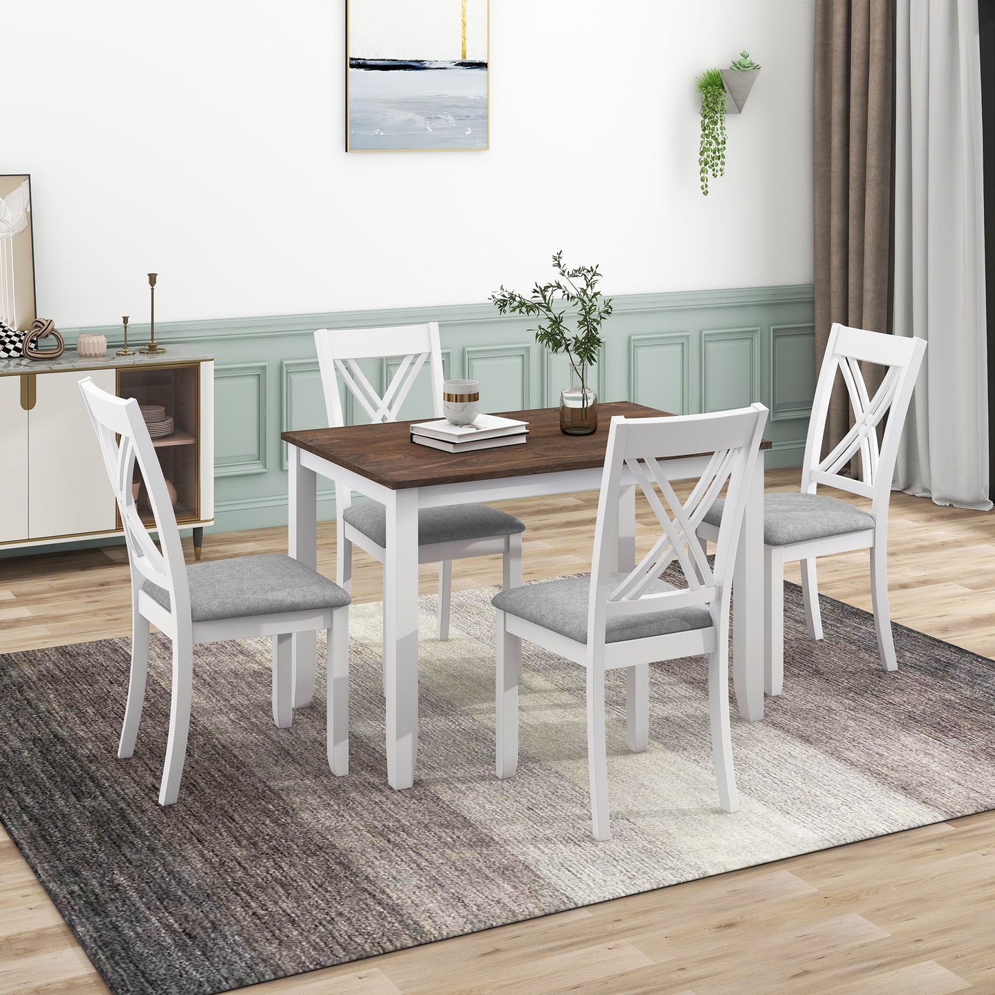 ModernLuxe Rustic Minimalist Wood 5 Piece Dining Table Set with 4 Back Chairs for Small PlacesWhite