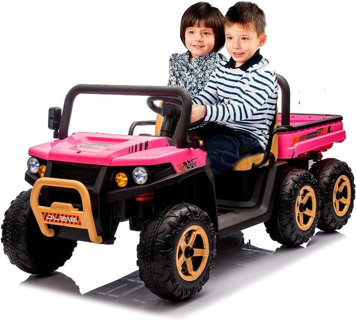 Qeetex 24V Ride-On Toy Truck for Kids - 4x35W Motors 24V7AH Battery 6 Anti-Slip Tires Dump Truck Parent Remote Music Player - Dual Seats Sand Shovel Included Electric Car for Kids-Pink
