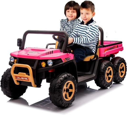 Qeetex 24V Ride-On Toy Truck for Kids - 4x35W Motors 24V7AH Battery 6 Anti-Slip Tires Dump Truck Parent Remote Music Player - Dual Seats Sand Shovel Included Electric Car for Kids-Pink