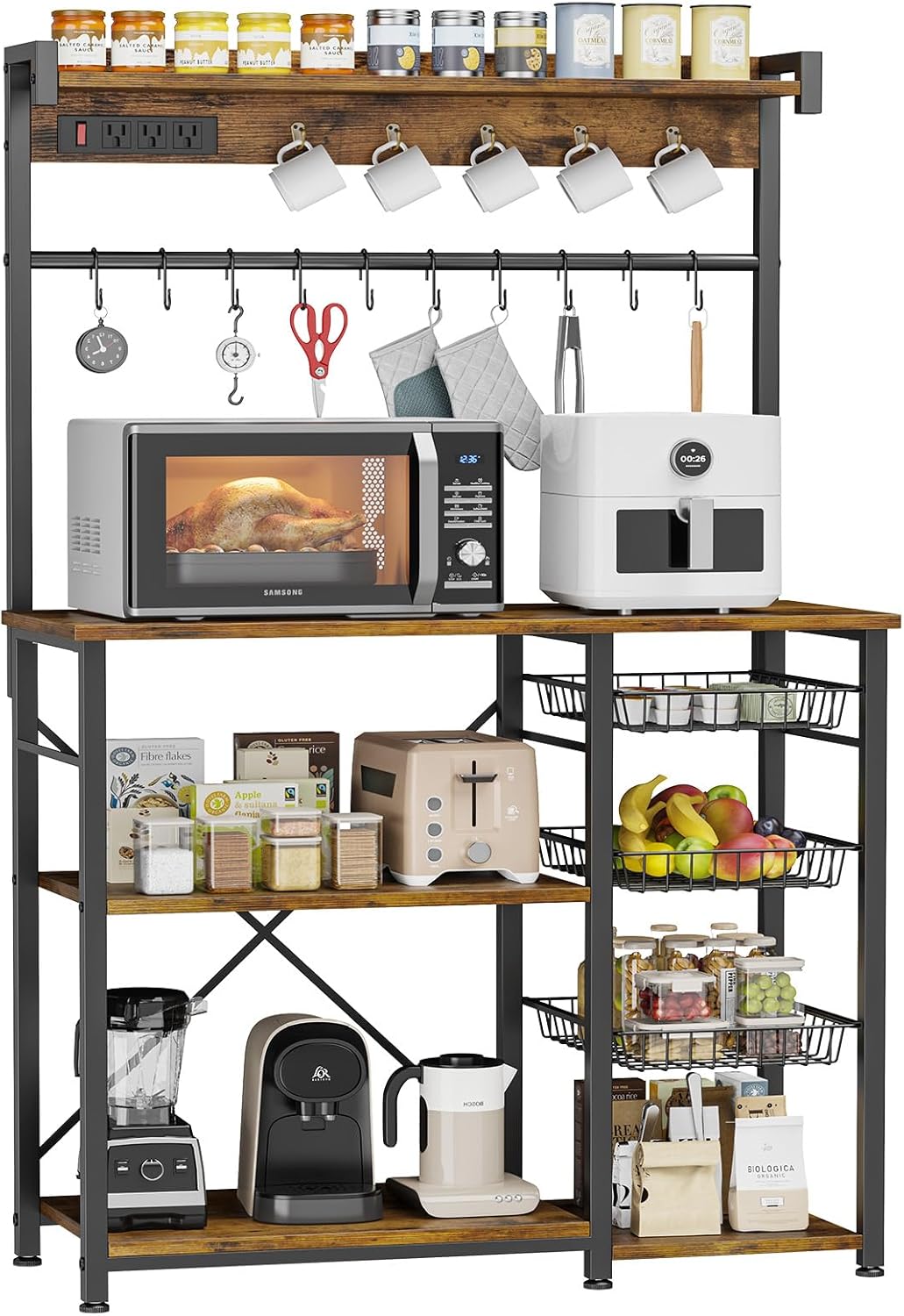 Kalrin Large Bakers Rack with Power Outlets 38.8 Inches, 15 Hooks Coffee Bar with 3 Wire Basket, Microwave Stand Kitchen Storage Shelf for Spices, Cups, Pots, 38.8 x 16.3 x 62.2 in, Rustic Brown
