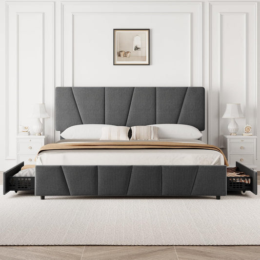 Qeetex King Size Bed Frame with Adjustable Headboard and 2 Storage Drawers Soft Upholstered Platform Bed Frames with Wooden Slats Support No Box Spring Needed Dark Grey
