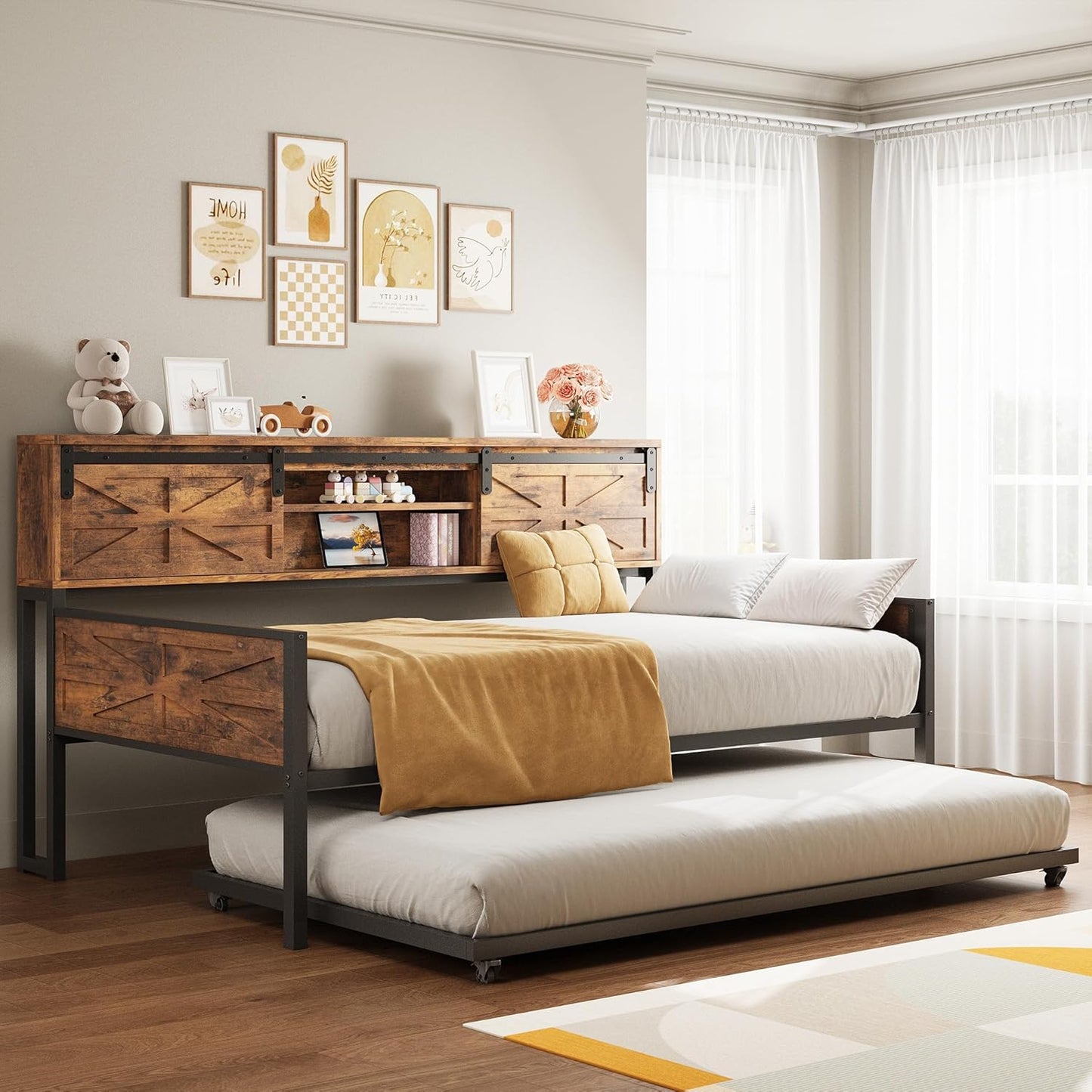 Likimio 47.3-in W Industrial Brown Twin Daybed with Storage and Charging Station
