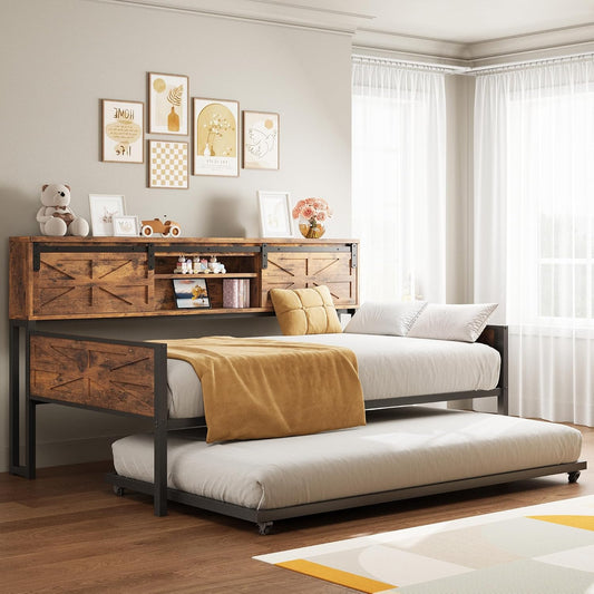 Likimio 47.3-in W Industrial Brown Twin Daybed with Storage and Charging Station