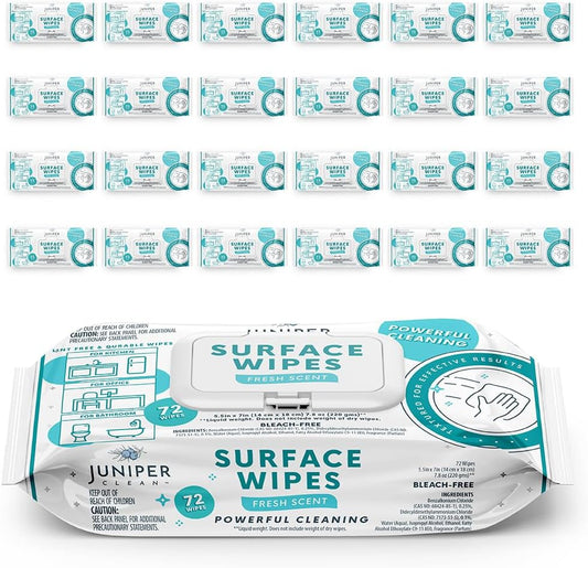 Juniper CLEAN 24 Pack Surface Cleaning Wipes Bleach Free, All-Purpose Cleaner for Bathroom, Kitchen, Office, 1728 Count Soft Flow, Fresh Scent, Bleach Free, Lint Free, Durable