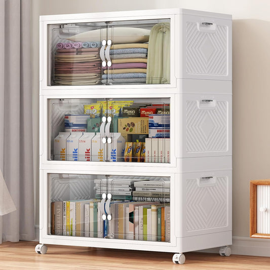 BROVIEW 300QT Extra Large Stackable Storage Bins, 75Gal Clear Plastic Closet Organizer Cabinet with Lid and Wheels, Collapsible Latch Boxes Folding Drawer with Door for Home Kitchen, V20 3Pack White