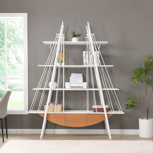 LOVMOR Sailboat Inspired Bookshelf 70.87 inch Industrial 4 Tier Open Storage Shelf with Drawer Wooden and Metal Freestanding Bookcase Sturdy Display Rack for Living Room Office and Home Decoration.