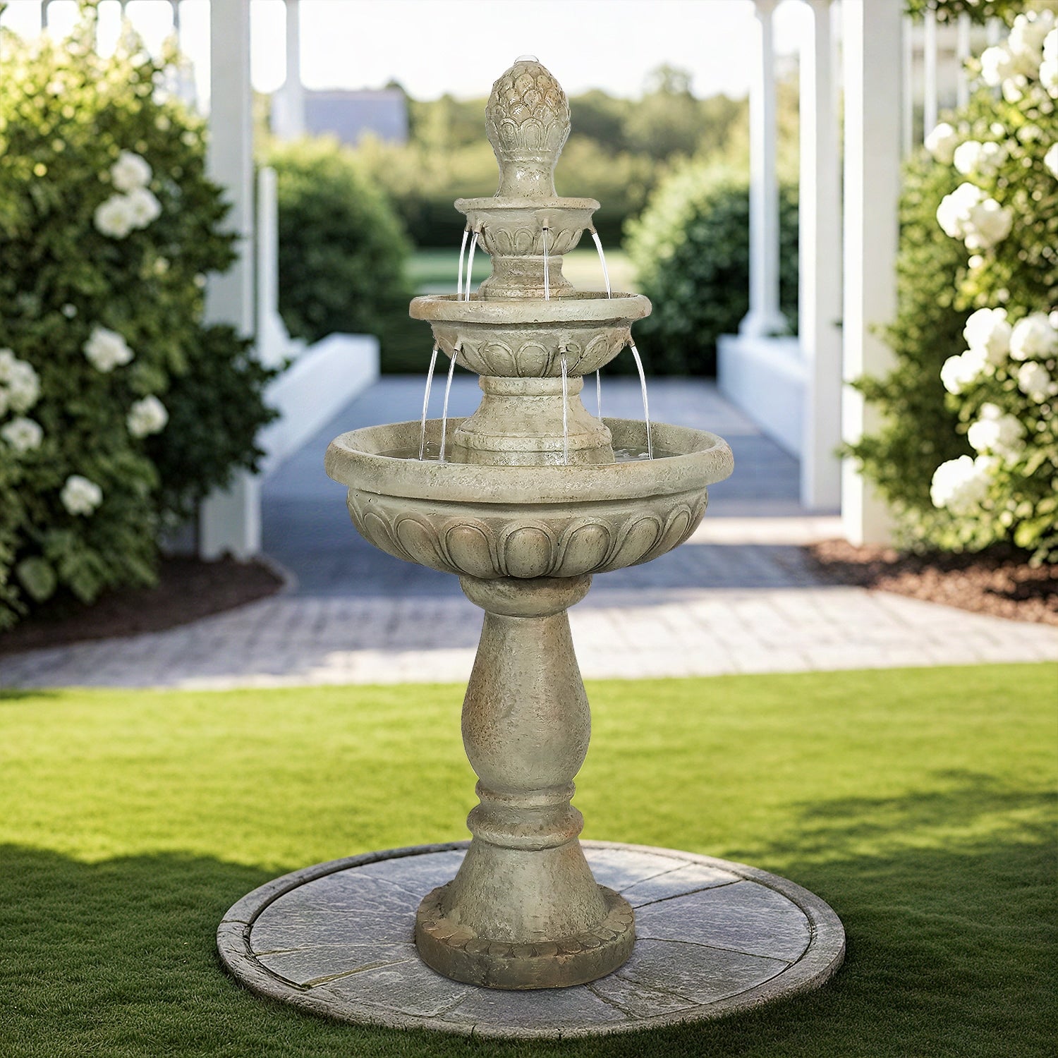Watnature 42.5-in H Concrete Electric Powered Tiered Outdoor Fountain with Birdbath Pump Included