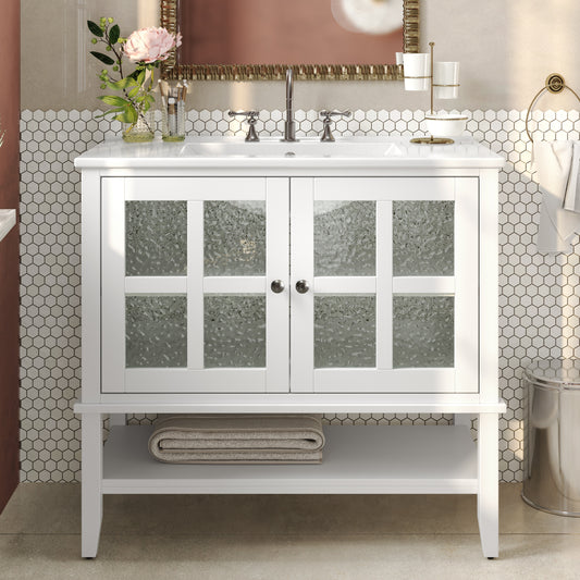 LOVMOR 36in  Bathroom Vanity with Ceramic Sink Bathroom Vanity with Adjustable Shelf and Open Shelf with Solid Wood Legs Waterproof Painted Finish Silver Metal Knobs and Soft Close Hinges Design White