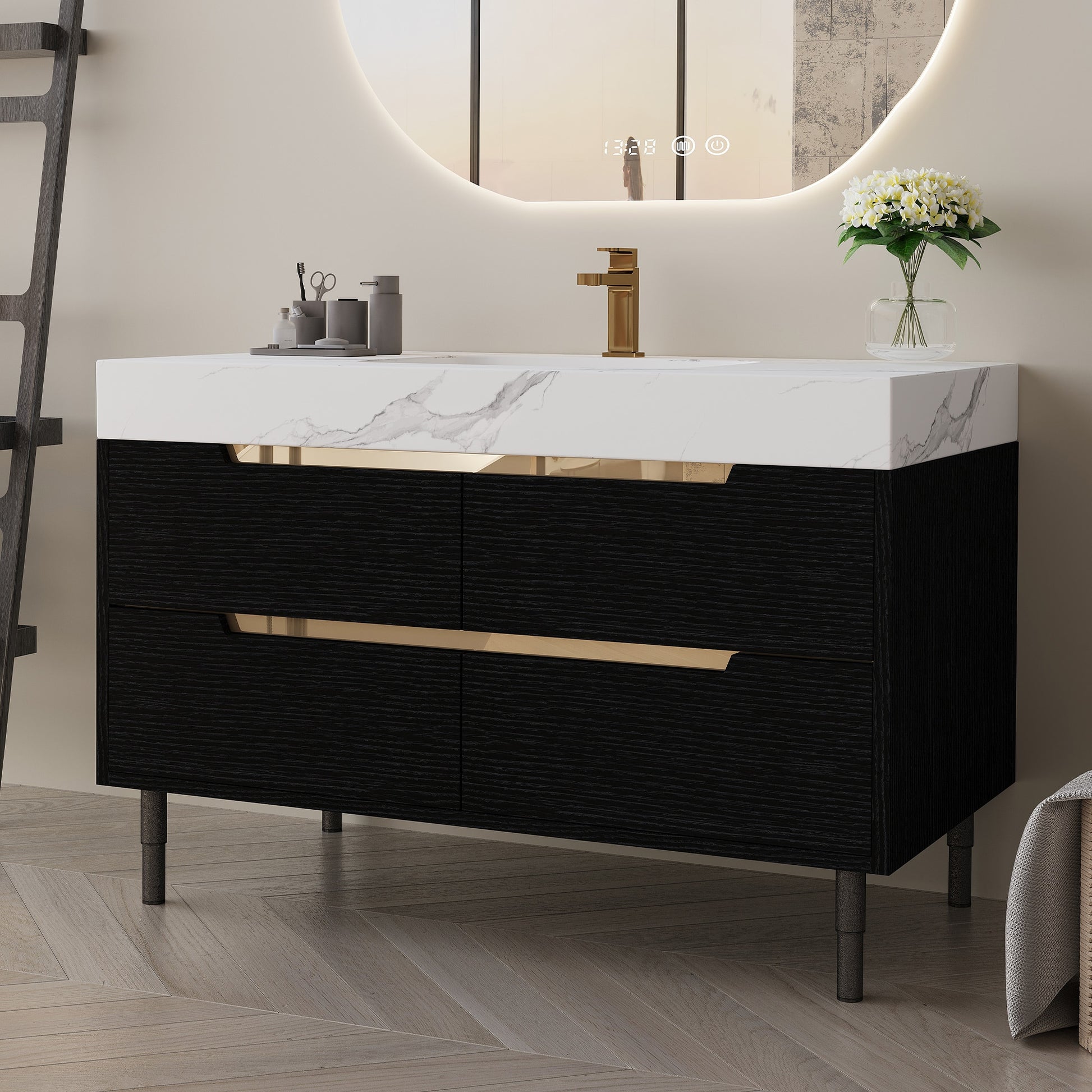 LOVMOR 35.4in  Modern Bathroom Vanity with Undermount Sink Sintered Stone Top Waterproof Multi layer Solid Wood 4 Drawers Storage Free standing/Wall Mounted