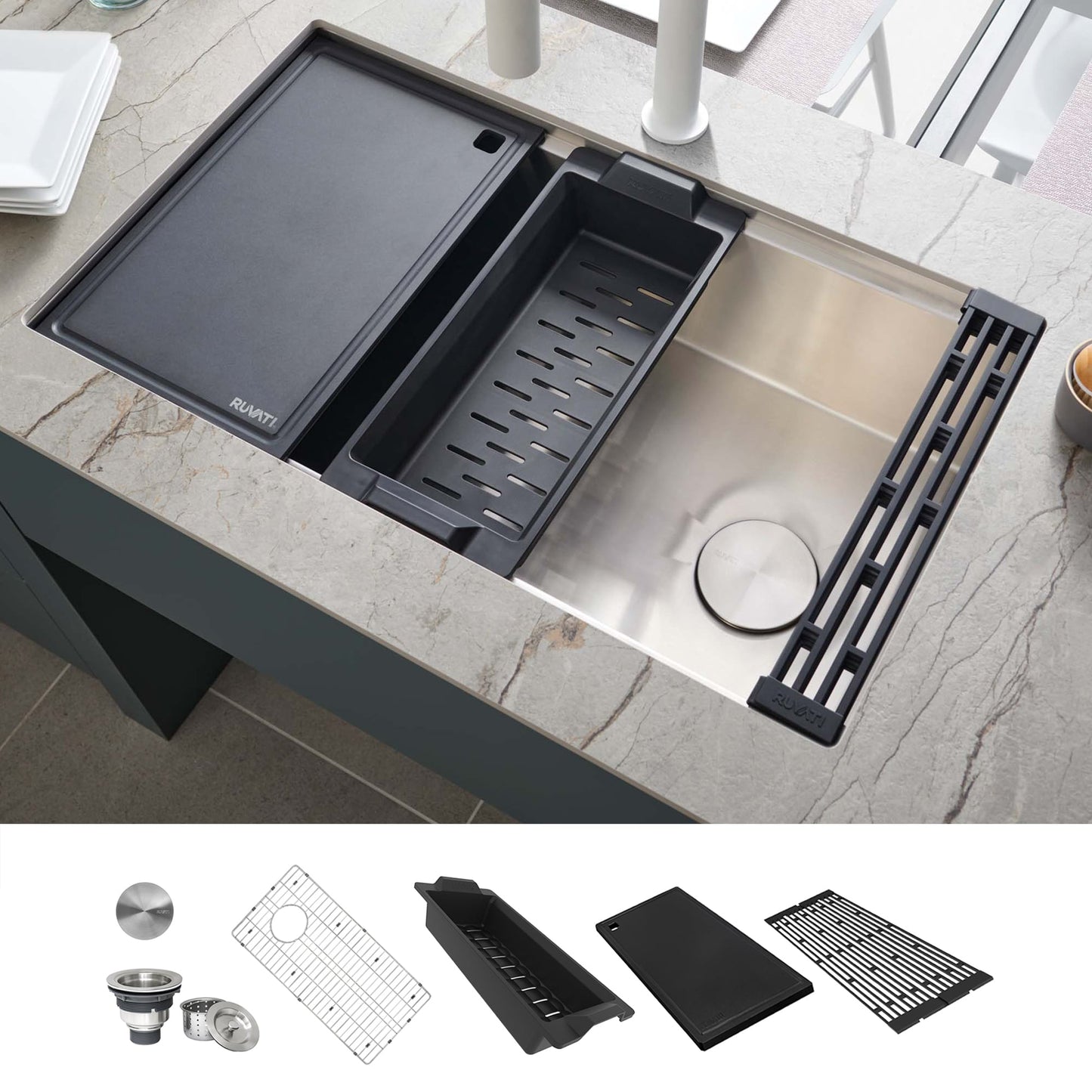 Ruvati Veniso Undermount 30-in x 19-in Stainless steel Single bowl 16 -Gauge Workstation Kitchen Sink